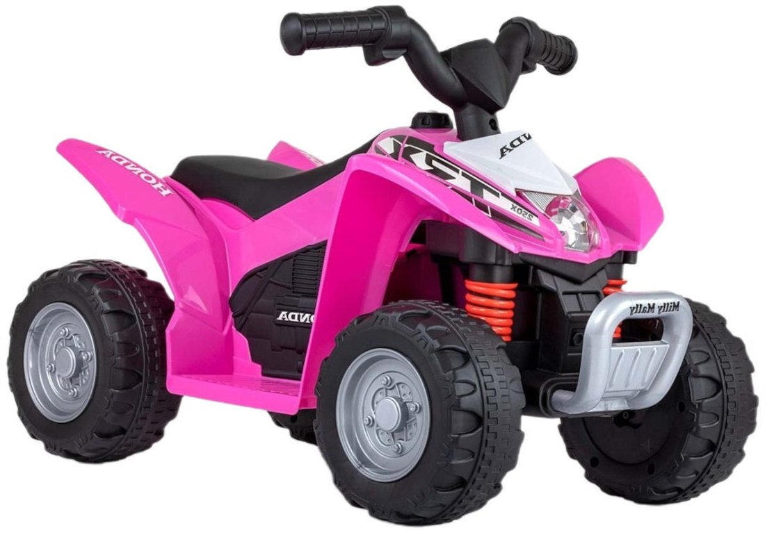 Różowy quad elektryczny dla dzieci z czterema dużymi kołami i czarnymi uchwytami na kierownicy. Na pojeździe widoczne są napisy: \'HONDA\' i \'Milly Mally\'.
