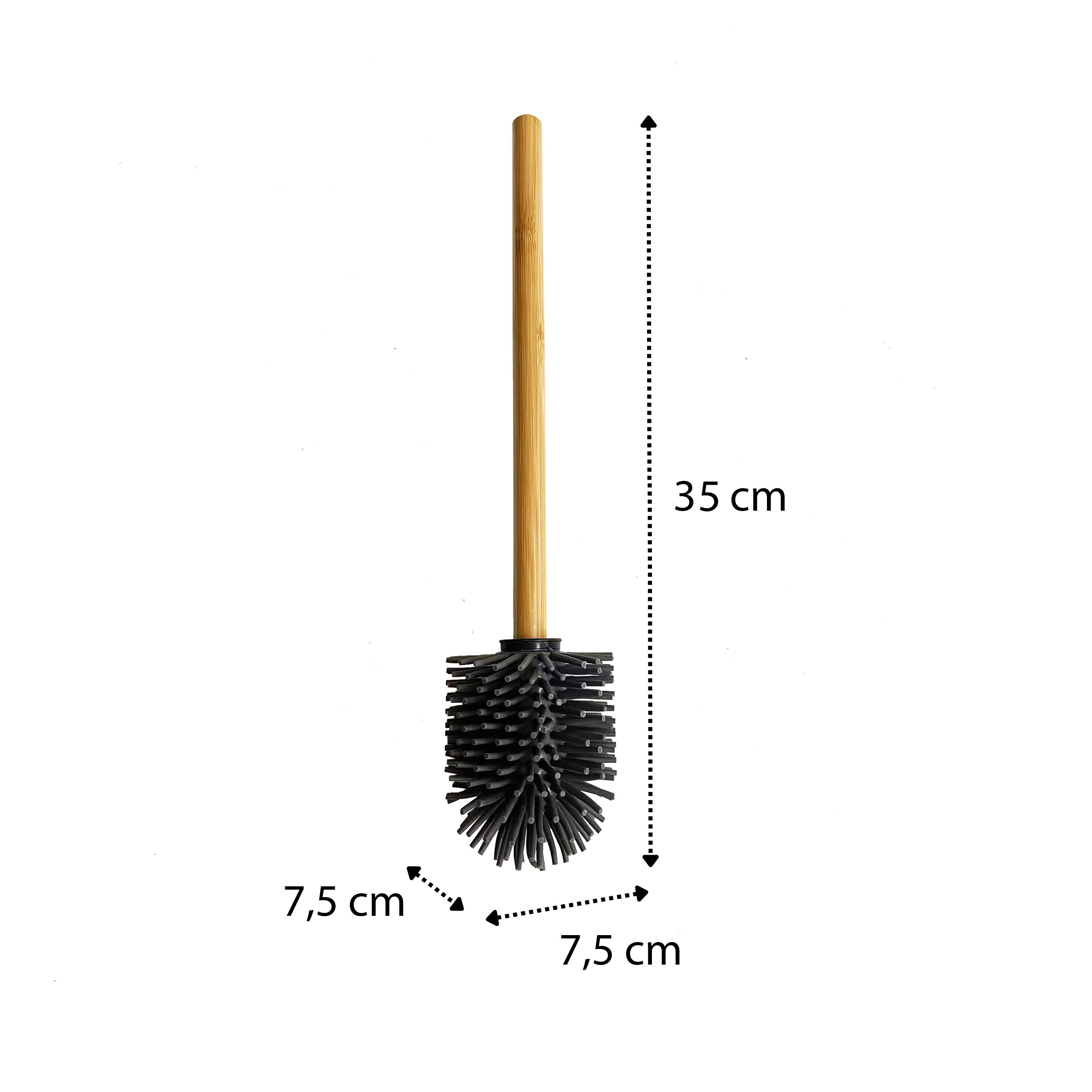 Szczotka do WC z silikonową główką i drewnianym uchwytem, o wymiarach 35 cm długości i 7,5 cm szerokości główki.