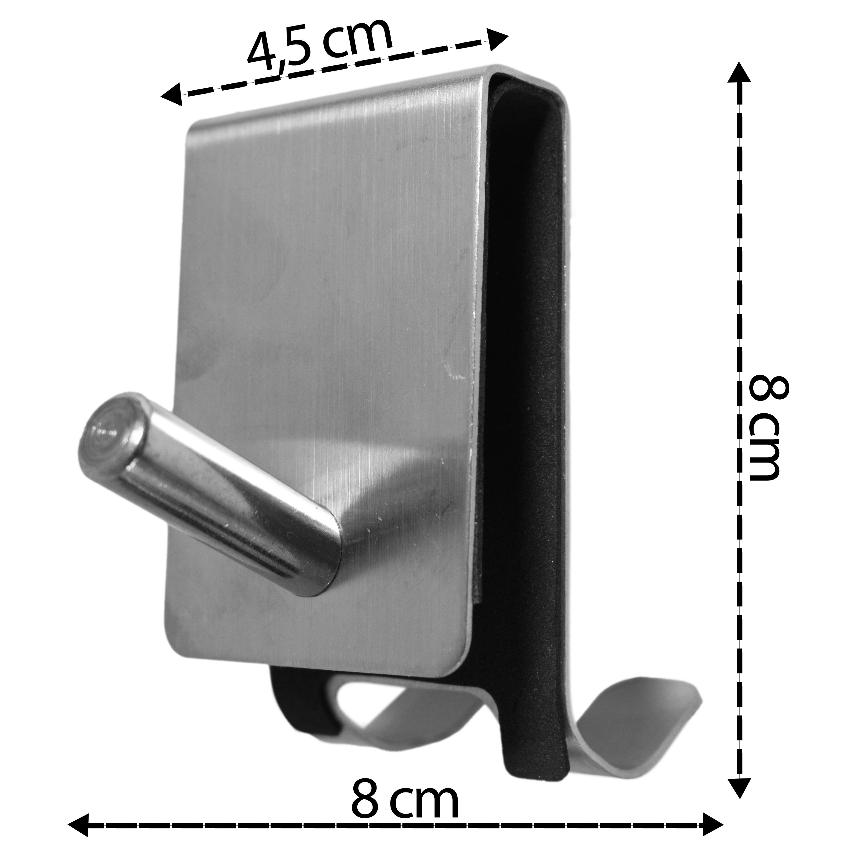 Srebrny, dwustronny haczyk zawieszany o wymiarach 4,5 cm szerokości i 8 cm wysokości. Produkt wykonany z metalu, z widocznymi wymiarami na zdjęciu.