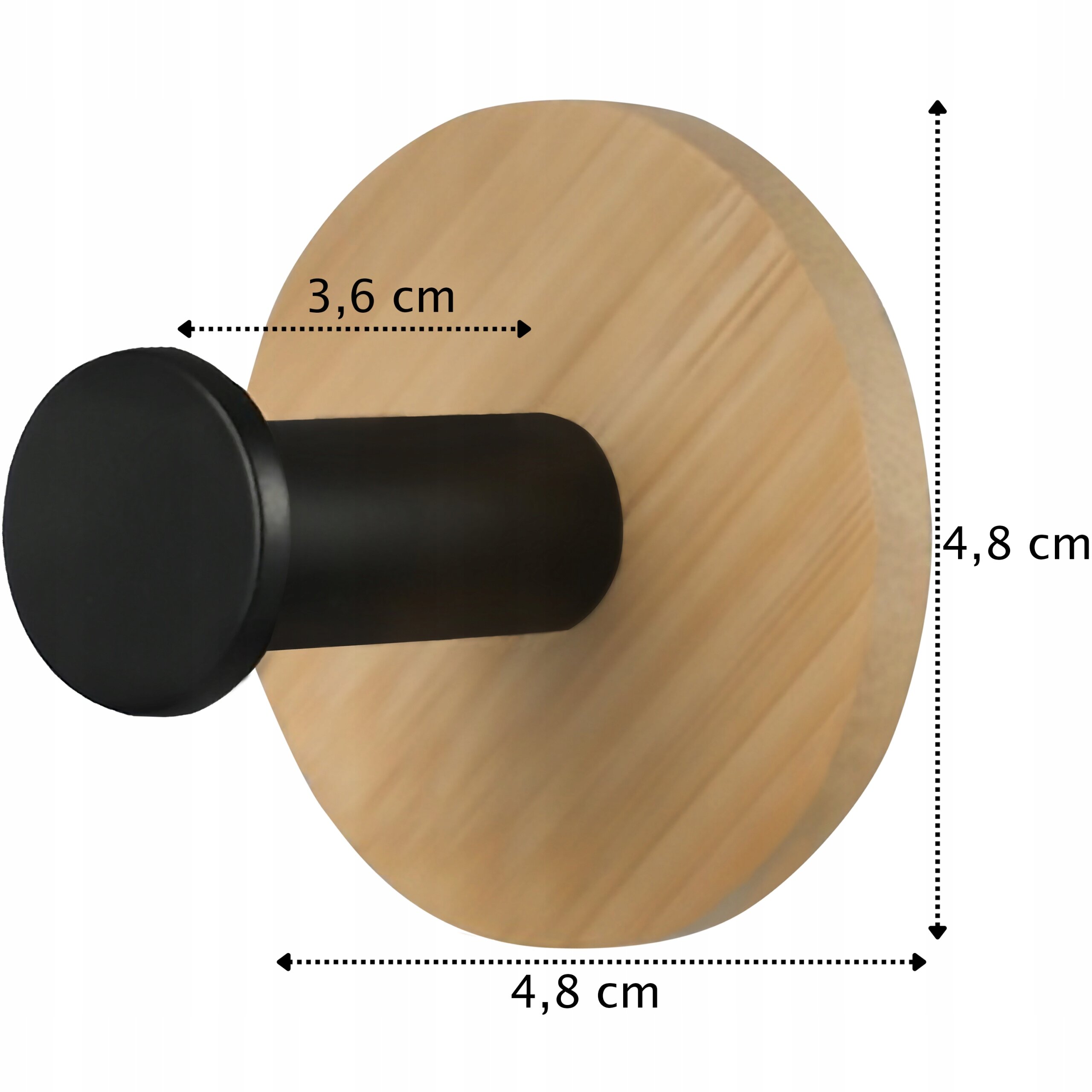 Okrągły haczyk na ręczniki z czarnym uchwytem i bambusową podstawą, z wymiarami 3,6 cm i 4,8 cm zaznaczonymi na obrazie.