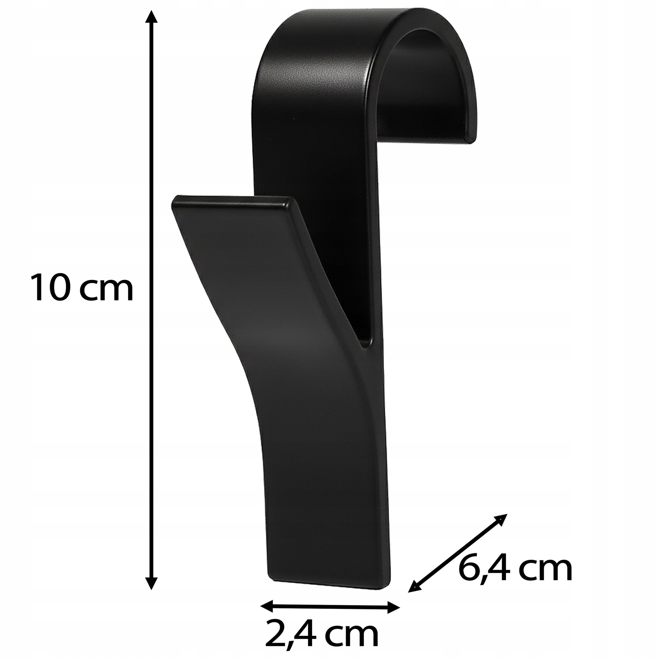 Czarny haczyk o wymiarach 10 cm wysokości, 6,4 cm szerokości i 2,4 cm głębokości. Haczyk ma zakrzywiony kształt umożliwiający zawieszenie na grzejniku.