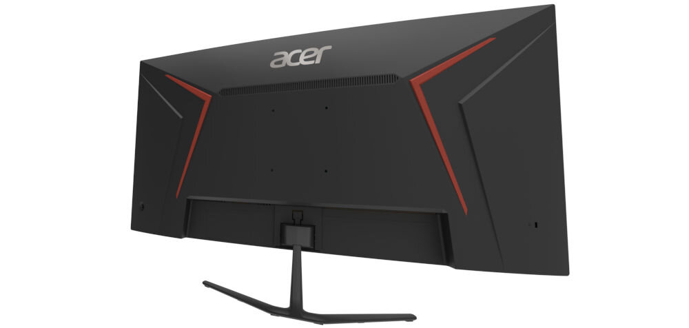 Monitor z zakrzywionym ekranem, widoczny od tyłu, z logo \'acer\' na górze. Obudowa jest czarna z czerwonymi akcentami i posiada podstawę w kształcie litery V.