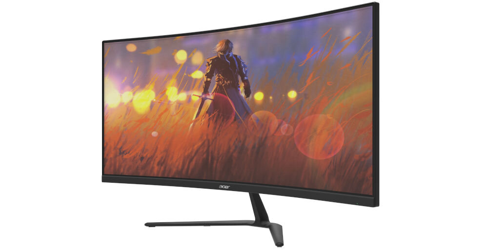Monitor z zakrzywionym ekranem wyświetla kolorową grafikę przedstawiającą postać w polu. Na dolnej ramce widoczne jest logo \'Acer\'.
