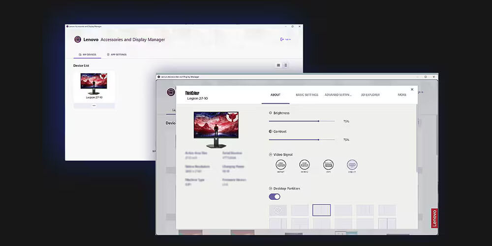 Na obrazie widoczne są dwa okna aplikacji Lenovo Accessories and Display Manager. W jednym z nich wyświetlane są ustawienia monitora Legion 27-10, w tym jasność, kontrast i sygnał wideo.
