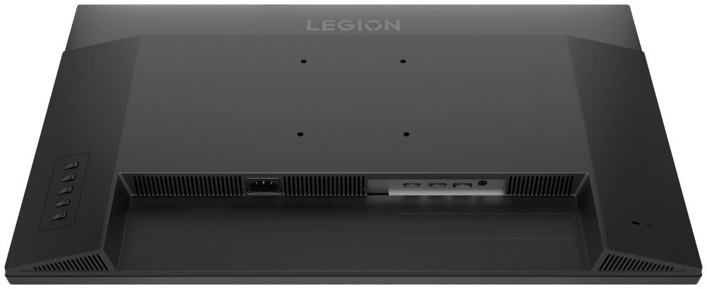 Tył czarnego monitora z widocznym logo \'LEGION\' na górze. Na panelu znajdują się porty i przyciski sterujące.