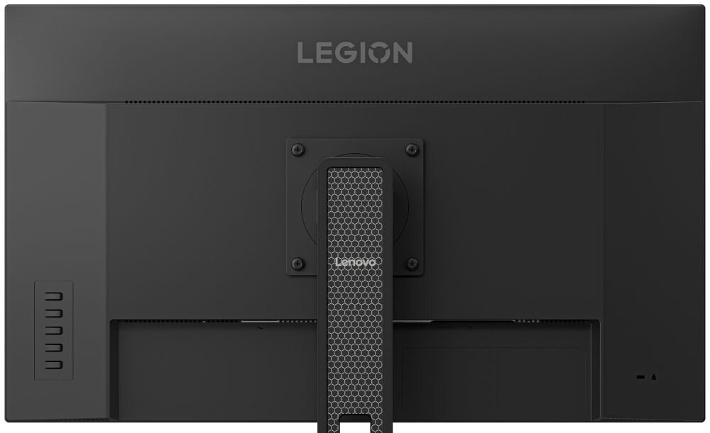 Tył monitora z widocznym logo \'LEGION\' na górze oraz uchwytem z teksturą i napisem \'Lenovo\'.