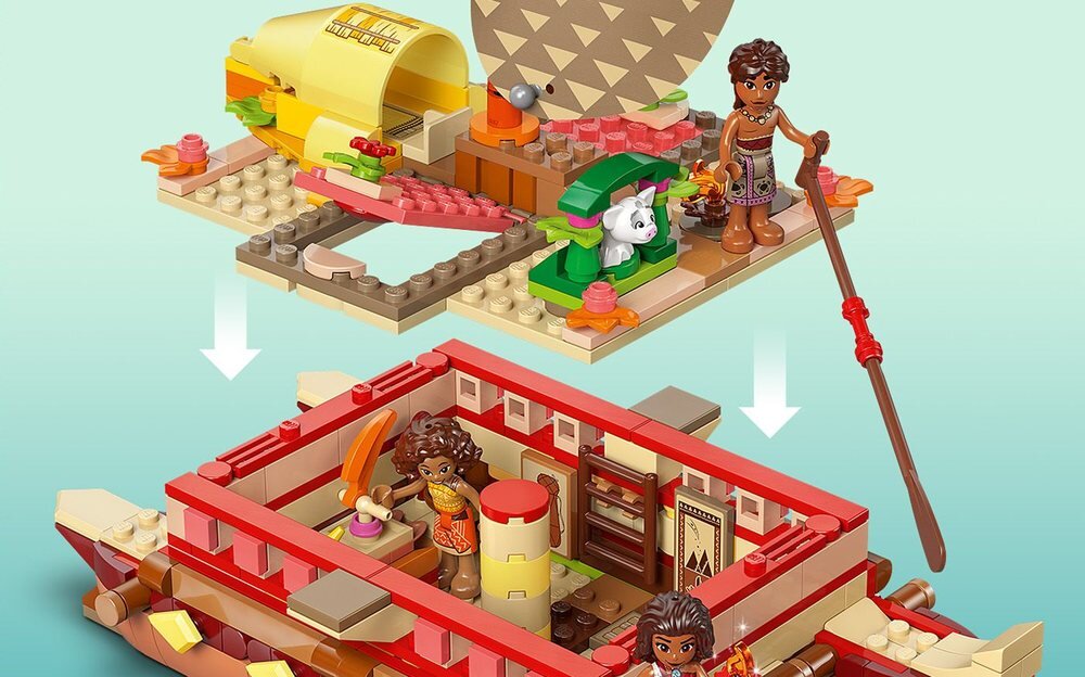Zestaw klocków LEGO przedstawia dwupoziomową konstrukcję z figurkami, w tym postać z wiosłem i białym zwierzątkiem. Widoczne są elementy dekoracyjne, takie jak żółta kabina i czerwono-biała łódź.