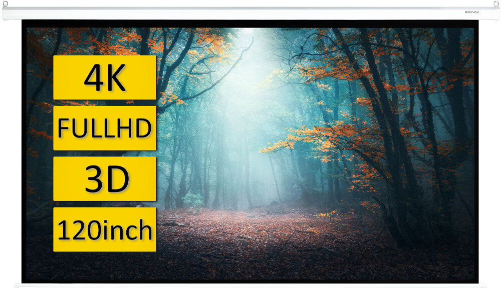 Ekran projekcyjny przedstawia las z drzewami o pomarańczowych liściach i mglistym tłem. Na żółtych prostokątach widnieją napisy: \'4K\', \'FULLHD\', \'3D\', \'120inch\'.