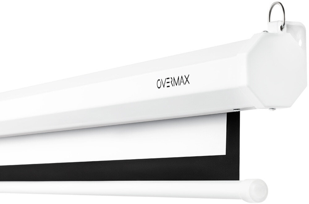 Biały ekran projekcyjny z czarną dolną krawędzią, na obudowie widoczne logo \'OVERMAX\'.