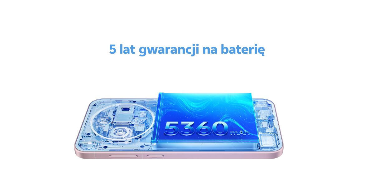 Obraz przedstawia smartfon z przezroczystym widokiem wnętrza, ukazującym baterię o pojemności 5360 mAh. Nad smartfonem znajduje się tekst: \'5 lat gwarancji na baterię\'.