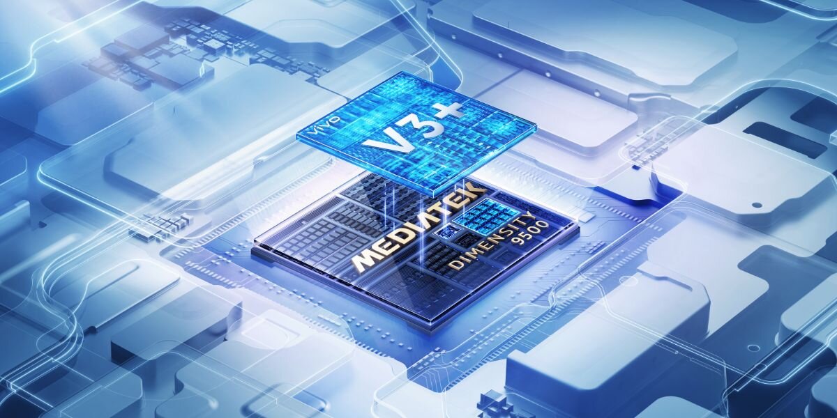 Obraz przedstawia układ scalony z widocznymi napisami \'V3+\' oraz \'MEDIATEK DIMENSITY 9300\'. Układ jest umieszczony na tle przypominającym schemat elektroniczny.