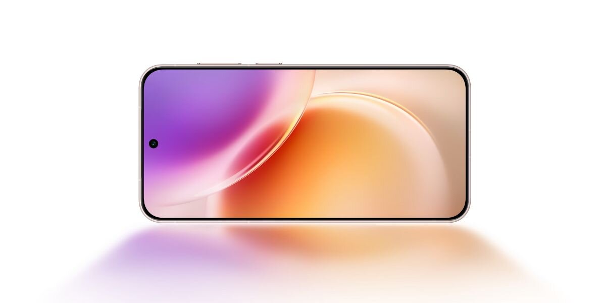 Smartfon z wyświetlaczem wypełniającym niemal całą przednią powierzchnię, z centralnie umieszczonym otworem na kamerę. Ekran pokazuje gradientowe tło w odcieniach fioletu i pomarańczu.