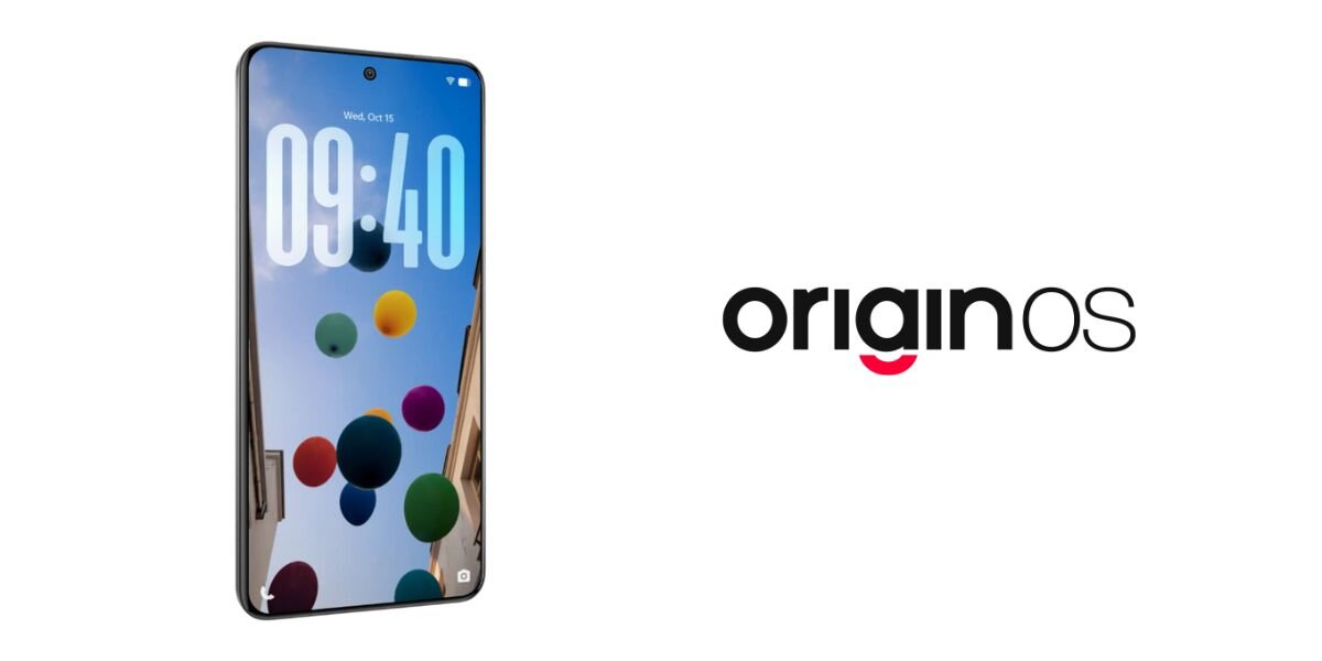 Smartfon z wyświetlaczem pokazującym godzinę 09:40 i kolorowe kule na tle nieba. Obok widoczny jest napis \'originOS\'.