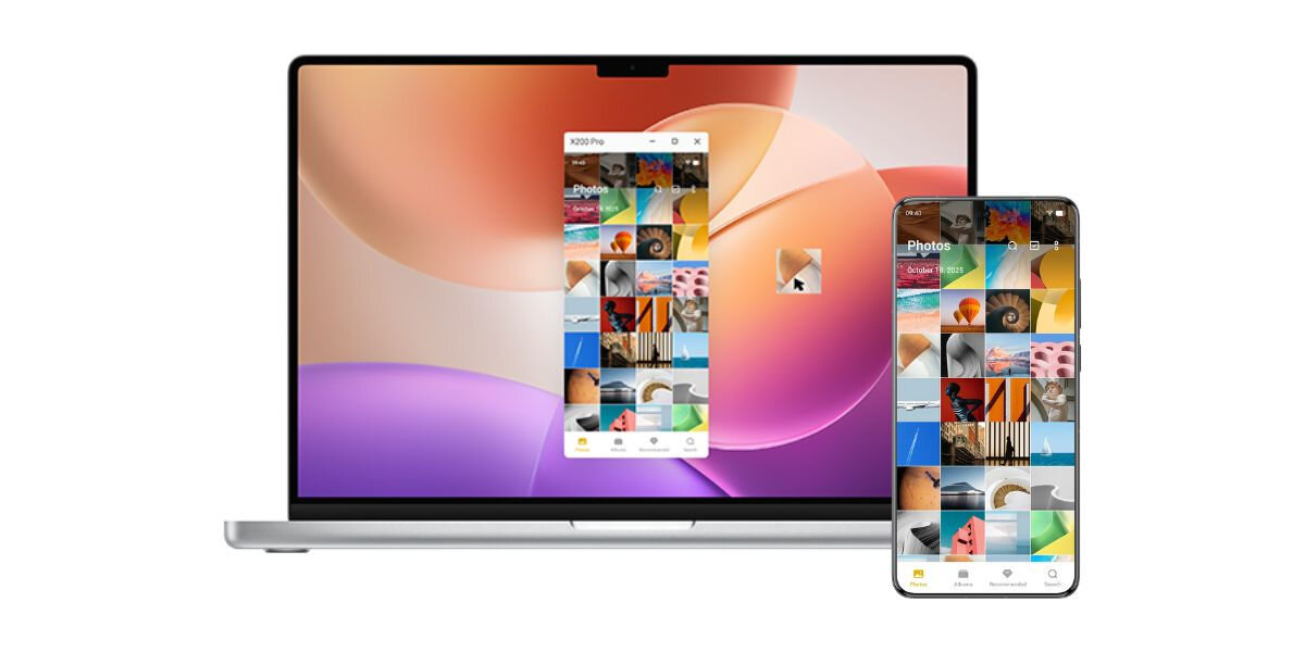 Na obrazie widoczny jest laptop z dużym ekranem, na którym wyświetlany jest interfejs aplikacji z miniaturami zdjęć. Obok laptopa znajduje się smartfon z podobnym interfejsem aplikacji, również z miniaturami zdjęć.