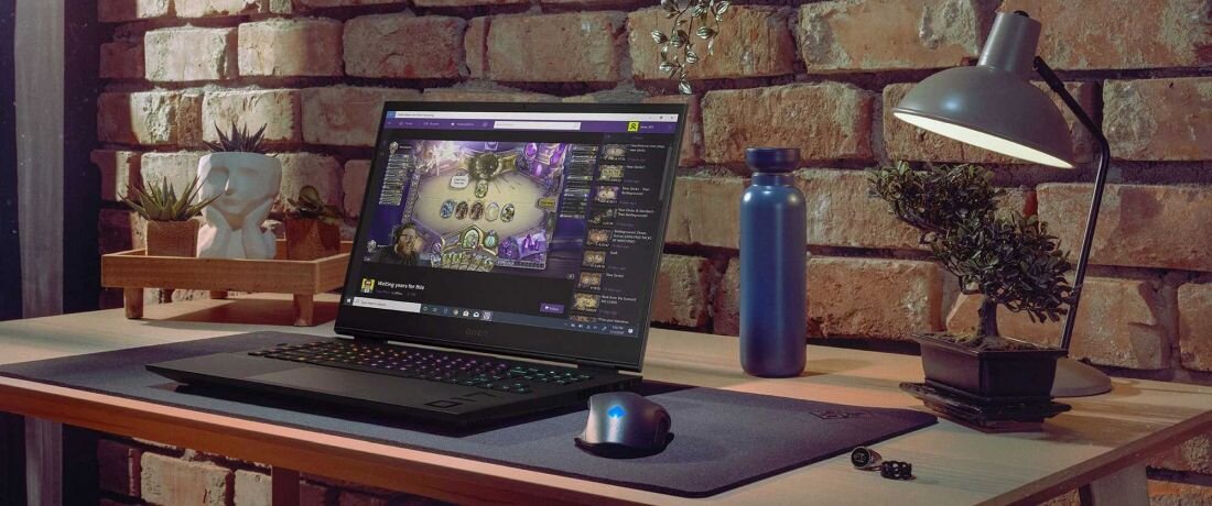 Na drewnianym biurku stoi otwarty laptop z wyświetlonym na ekranie interfejsem gry. Obok laptopa znajdują się myszka, niebieska butelka, lampka oraz rośliny w doniczkach.