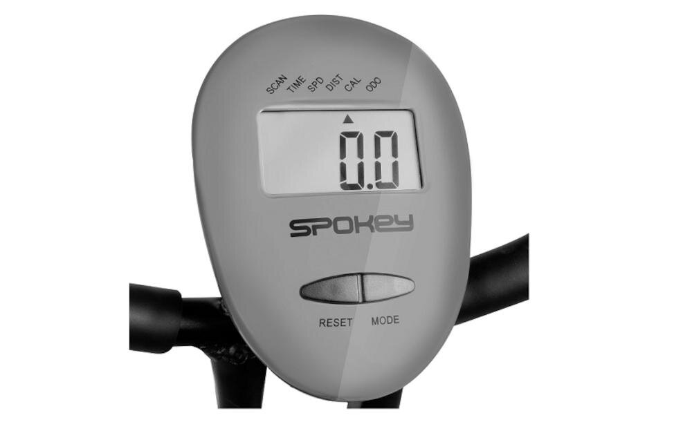 Panel sterowania roweru magnetycznego z wyświetlaczem LCD pokazującym \'0.0\'. Widoczne przyciski \'RESET\' i \'MODE\' oraz logo \'SPOKEY\'.