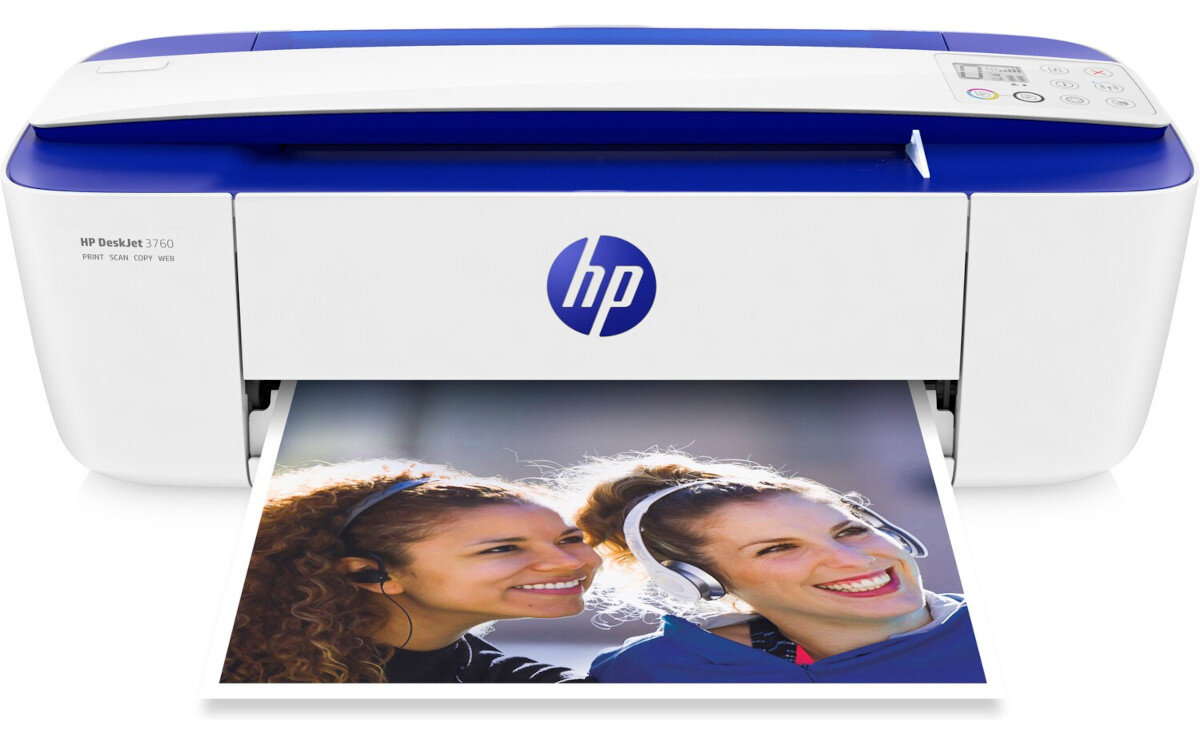 Urządzenie wielofunkcyjne HP DeskJet 3760 z logo HP na przodzie, drukujące kolorowe zdjęcie dwóch uśmiechniętych osób. Na obudowie widoczny jest napis \'HP DeskJet 3760 Print Scan Copy WiFi\'.