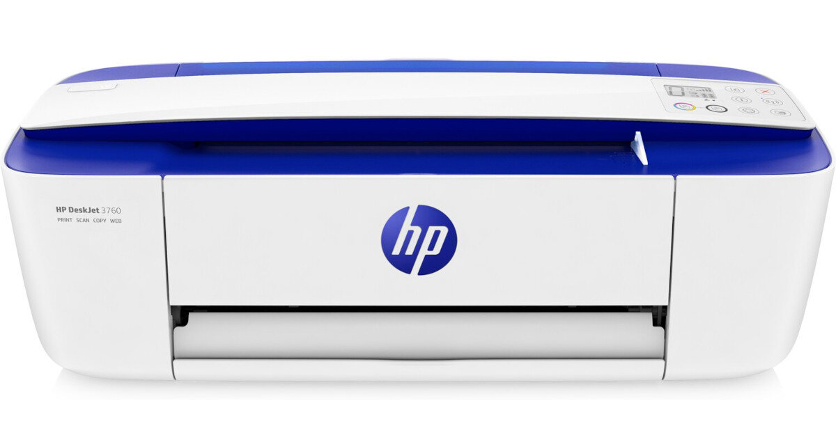 Białe urządzenie wielofunkcyjne z niebieskim panelem górnym i logo HP na przodzie. Na obudowie widoczny jest napis \'HP DeskJet 3760\'.