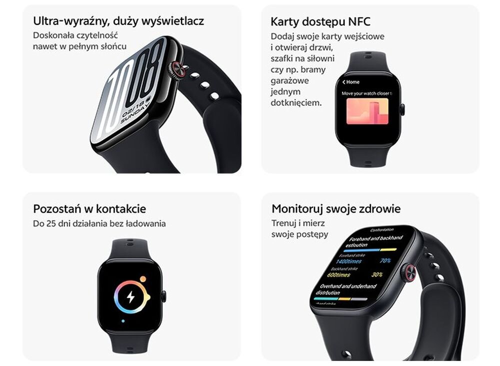 Smartwatch pokazany w czterech kafelkach funkcji. Ultra-wyraźny, duży wyświetlacz: doskonała czytelność nawet w pełnym słońcu. Karty dostępu NFC: dodaj karty wejściowe i otwieraj drzwi, szafki na siłowni czy bramy garażowe jednym dotknięciem. Pozostań w kontakcie: do 25 dni działania bez ładowania. Monitoruj swoje zdrowie: trenuj i mierz swoje postępy.