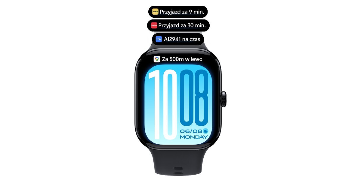 Smartwatch z dużą godziną na ekranie oraz powiadomieniami o transporcie, locie i nawigacji.