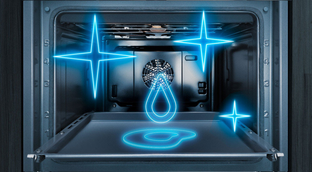 PIEKARNIK SIEMENS HB778G3B1 Wnętrze piekarnika z efektem świetlnym symbolizującym automatyczne czyszczenie. Grafika przedstawia funkcję ułatwiającą usuwanie zabrudzeń i pielęgnację urządzenia humidClean Plus czyszczenie parowe szybkie czyszczenie piekarnika usuwanie zabrudzeń
