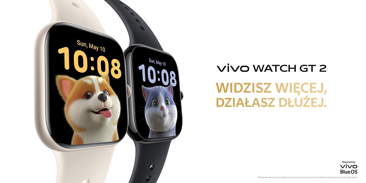 vivo Watch GT 2. Widzisz więcej, działasz dłużej. Powered by vivo BlueOS. Dwa zegarki przy lewej krawędzi grafiki. Na tarczy zegara widoczna godzina i podobizna kota i psa. 