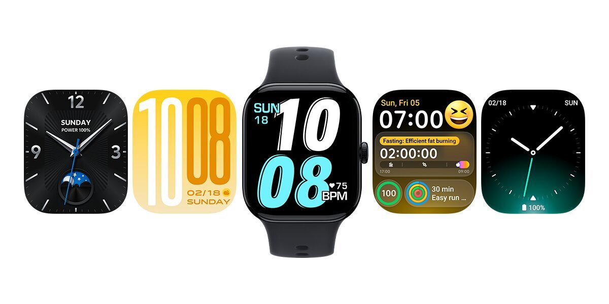 Grafika prezentuje różne tarcze i widżety smartwatcha. Na środku widoczny jest czarny smartwatch z dużą cyfrową godziną 10:08, datą Sun 18 oraz tętnem 75 BPM. Po bokach pokazano przykładowe ekrany: analogową tarczę z dniem Sunday i poziomem baterii 100%, jasną tarczę z godziną 10:08 i datą 02/18 Sunday, ekran z alarmem 07:00, statusem postu, aktywnością i planem biegu oraz analogową tarczę z datą 02/18 i baterią 100%. Grafika pokazuje możliwość wyboru różnych tarcz i sposobów prezentacji informacji na zegarku.