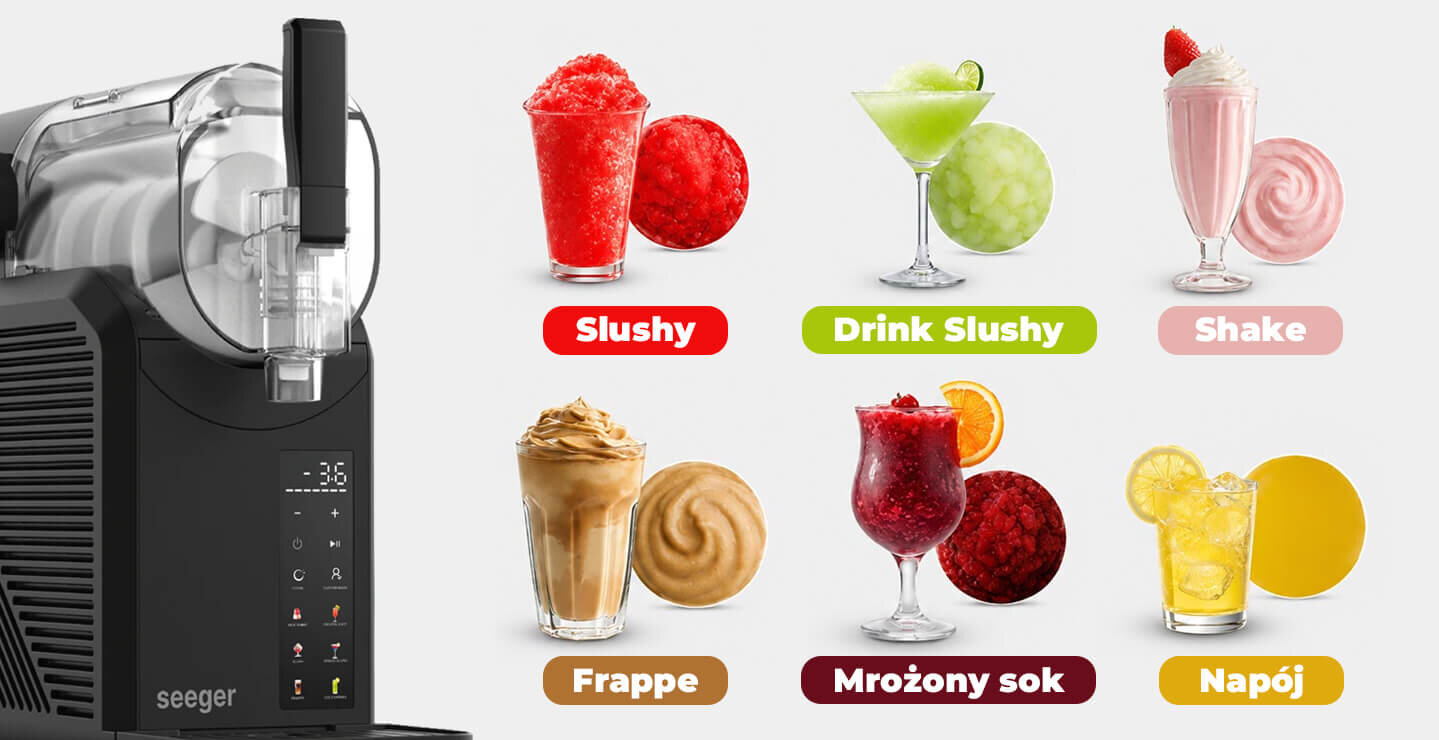 Na obrazie znajduje się czarna maszynka do slushy z logo \'seeger\' oraz wyświetlaczem pokazującym \'36\'. Obok niej widoczne są różne napoje: Slushy, Drink Slushy, Shake, Frappe, Mrożony sok i Napój, każdy z podpisem i odpowiednim obrazem napoju.