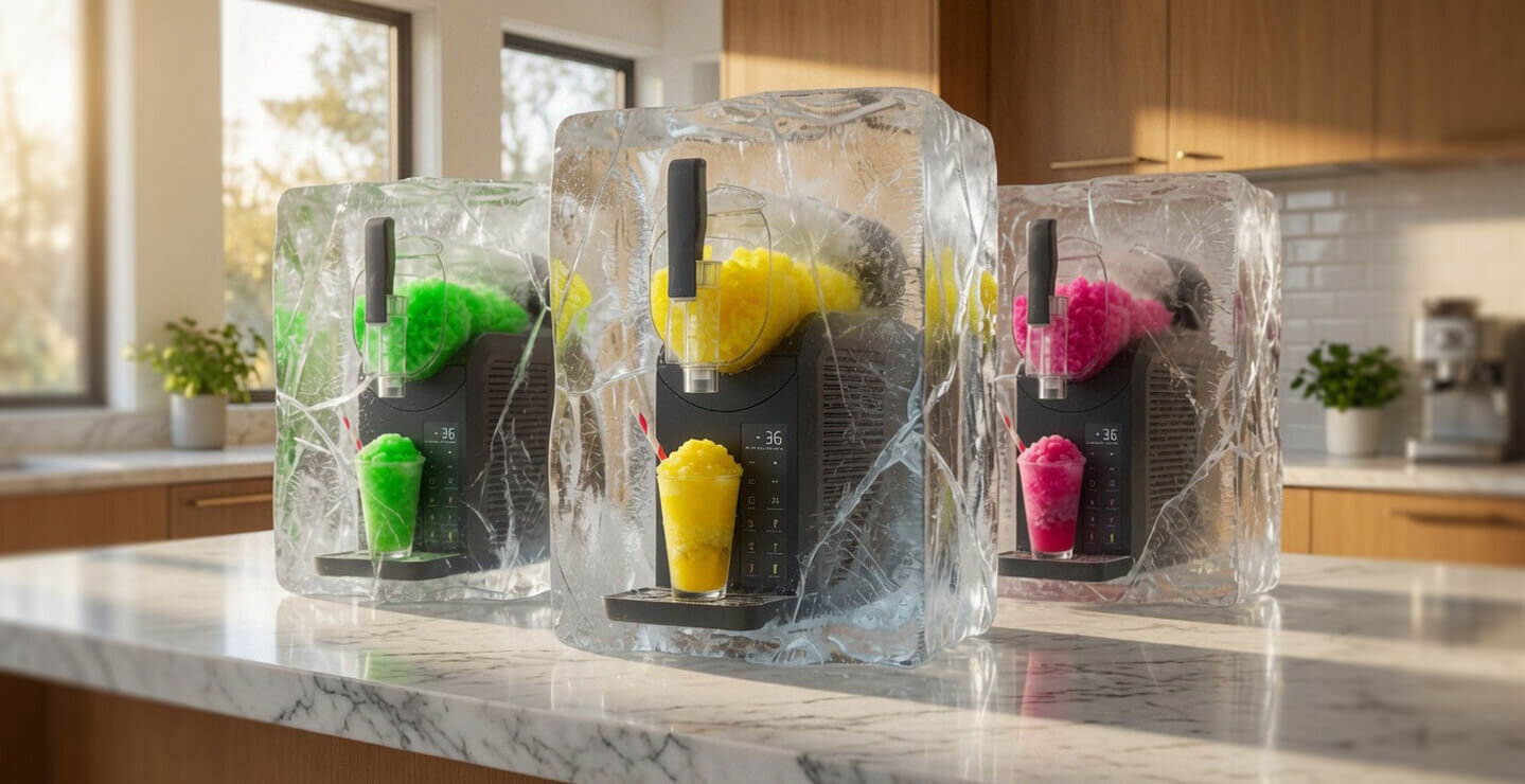 Na blacie kuchennym stoją trzy maszynki do slushy, każda w kostce lodu, z kolorowymi napojami: zielonym, żółtym i różowym. W tle widać drewniane szafki i okna z widokiem na zewnątrz.
