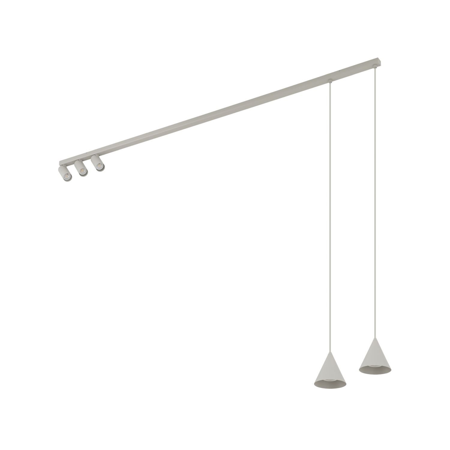 Na obrazie widoczna jest nowoczesna lampa sufitowa z reflektorkami i dwoma wiszącymi kloszami w kształcie stożków. Lampa ma minimalistyczny design i jest w jasnym kolorze.