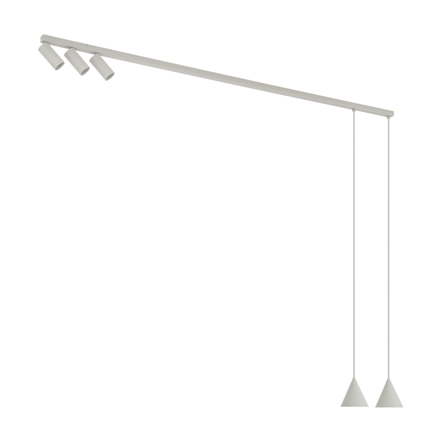 Na obrazie widoczna jest nowoczesna lampa wisząca z trzema reflektorkami i dwoma stożkowymi kloszami na długich przewodach. Lampa ma minimalistyczny design i jest w jasnym kolorze.