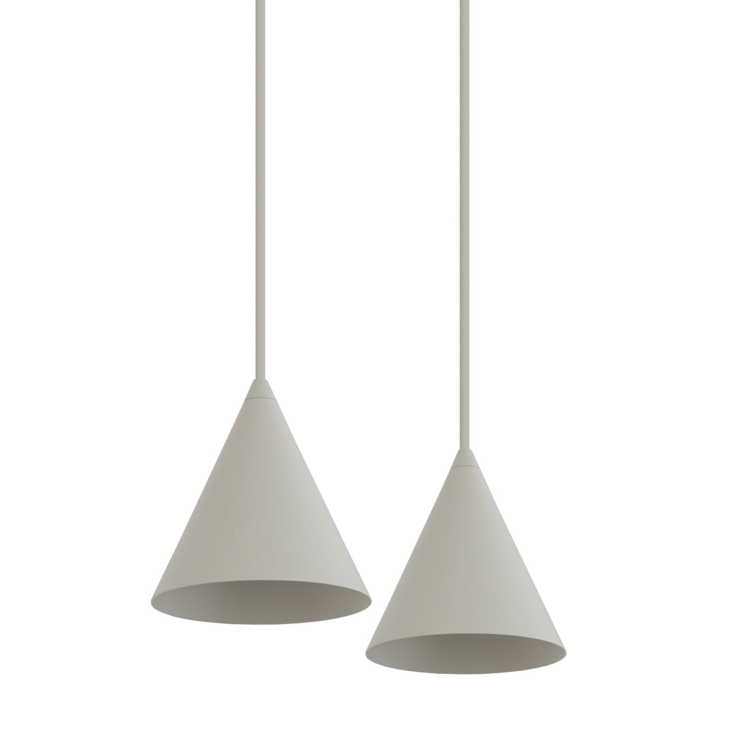 Na obrazie widoczne są dwie wiszące lampy w kształcie stożków, w kolorze jasnoszarym. Lampy mają prosty, nowoczesny design.