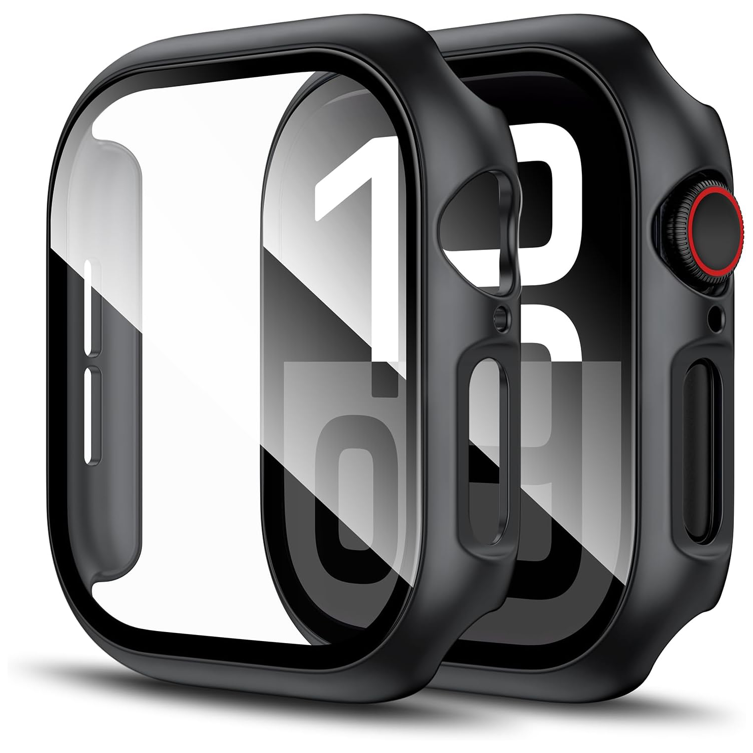 Obraz przedstawia dwa czarne etui ochronne z przezroczystym szkłem, przeznaczone do zegarka Apple Watch. Etui mają wycięcia na przyciski i pokrętło, a na jednym z nich widoczny jest czerwony akcent wokół pokrętła.