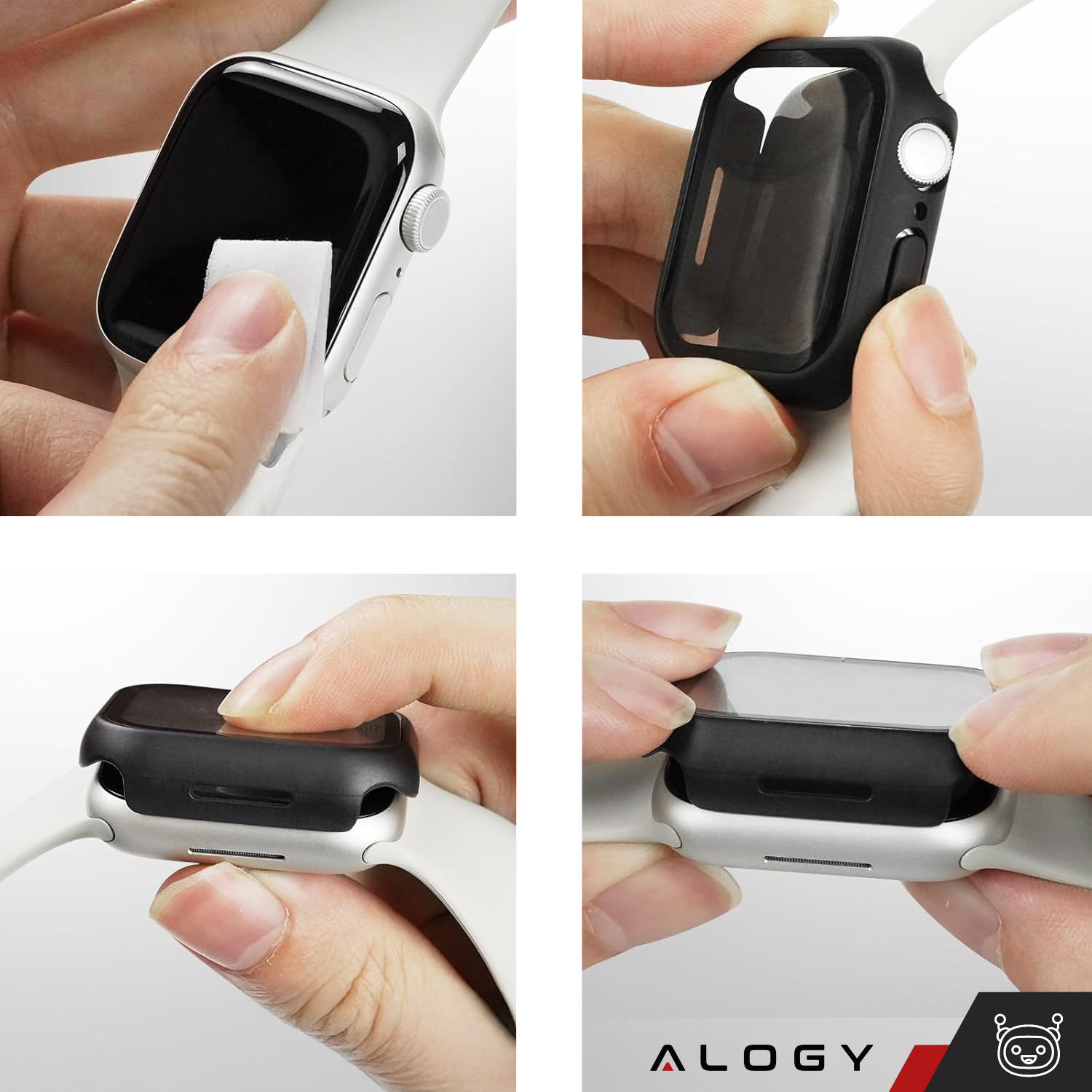 Cztery zdjęcia przedstawiają proces zakładania czarnego etui ochronnego z szkłem na biały smartwatch. Widoczne jest logo \'ALOGY\' w prawym dolnym rogu.