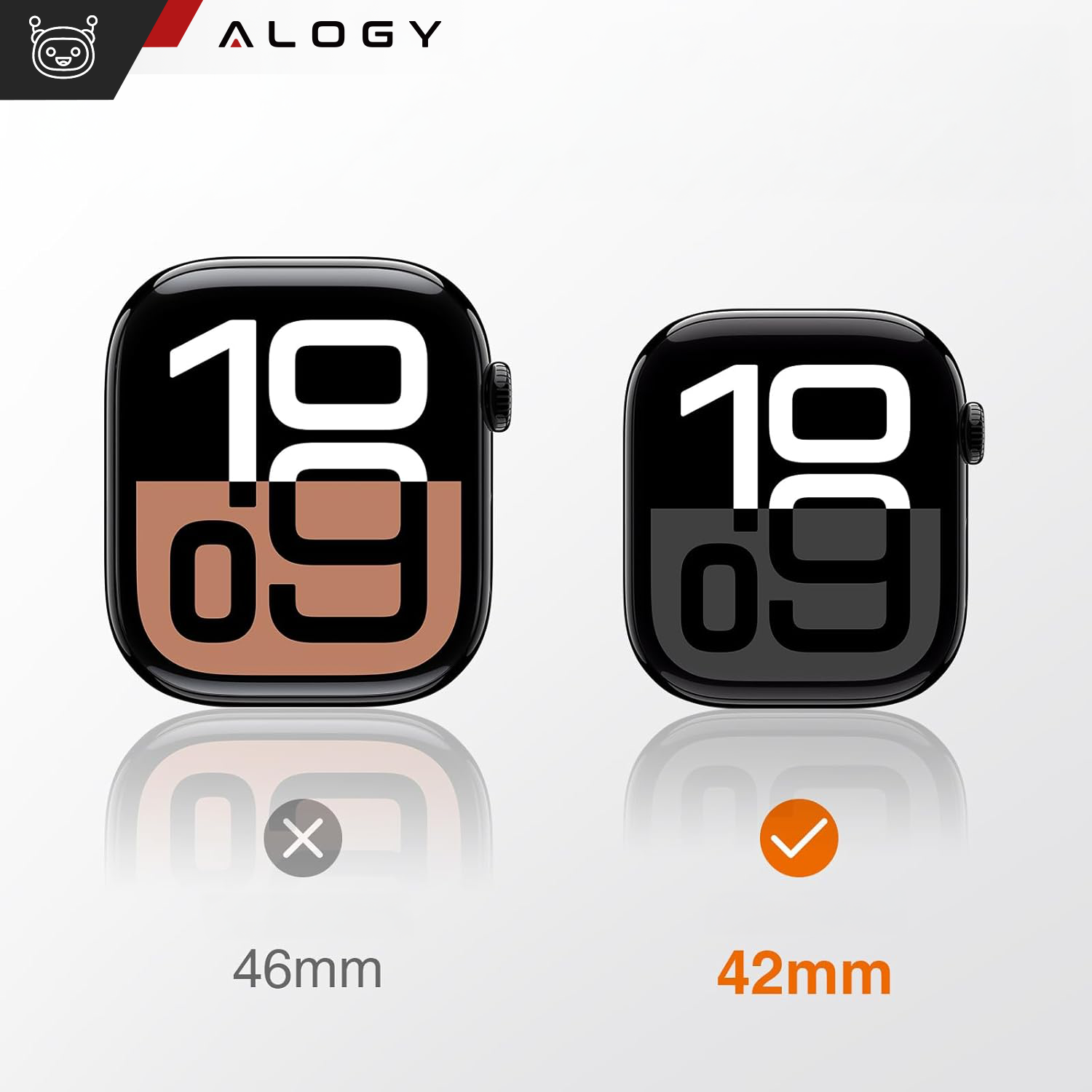 Obraz przedstawia dwa zegarki z wyświetlonym czasem 10:09. Po lewej stronie zegarek 46mm z czerwonym znakiem X, po prawej zegarek 42mm z pomarańczowym znakiem ✔.