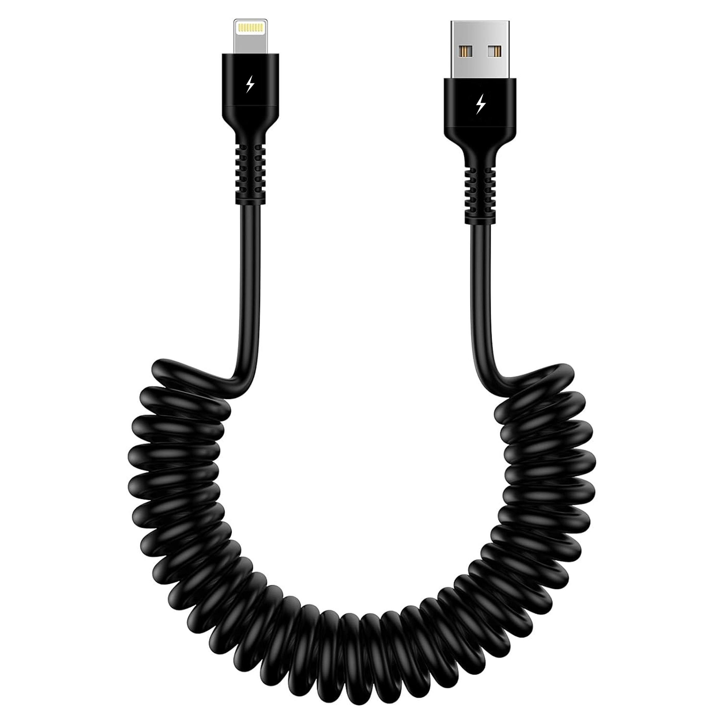 Czarny kabel sprężynowy z końcówkami USB A i Lightning, z symbolem błyskawicy na obu wtyczkach.