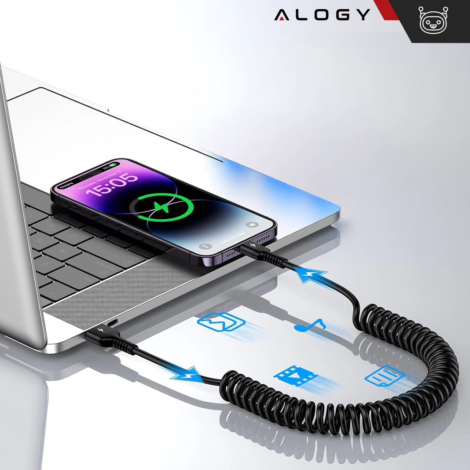 Na obrazie widać czarny, spiralny kabel podłączony do laptopa i smartfona, który pokazuje ekran ładowania z godziną 15:05. W prawym górnym rogu znajduje się logo \'ALOGY\'.