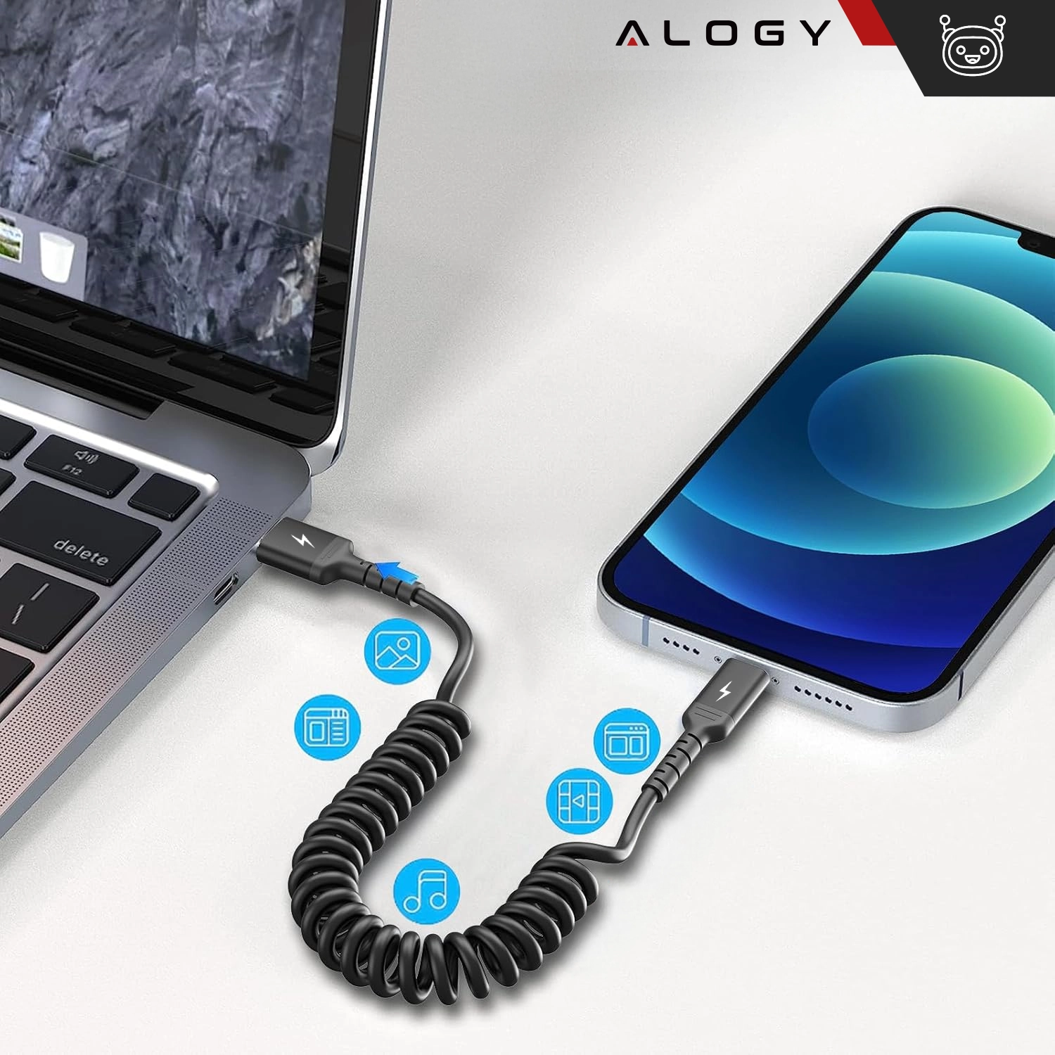 Na obrazie widać czarny, spiralny kabel podłączony do laptopa i smartfona. W tle widoczne jest logo \'ALOGY\'.