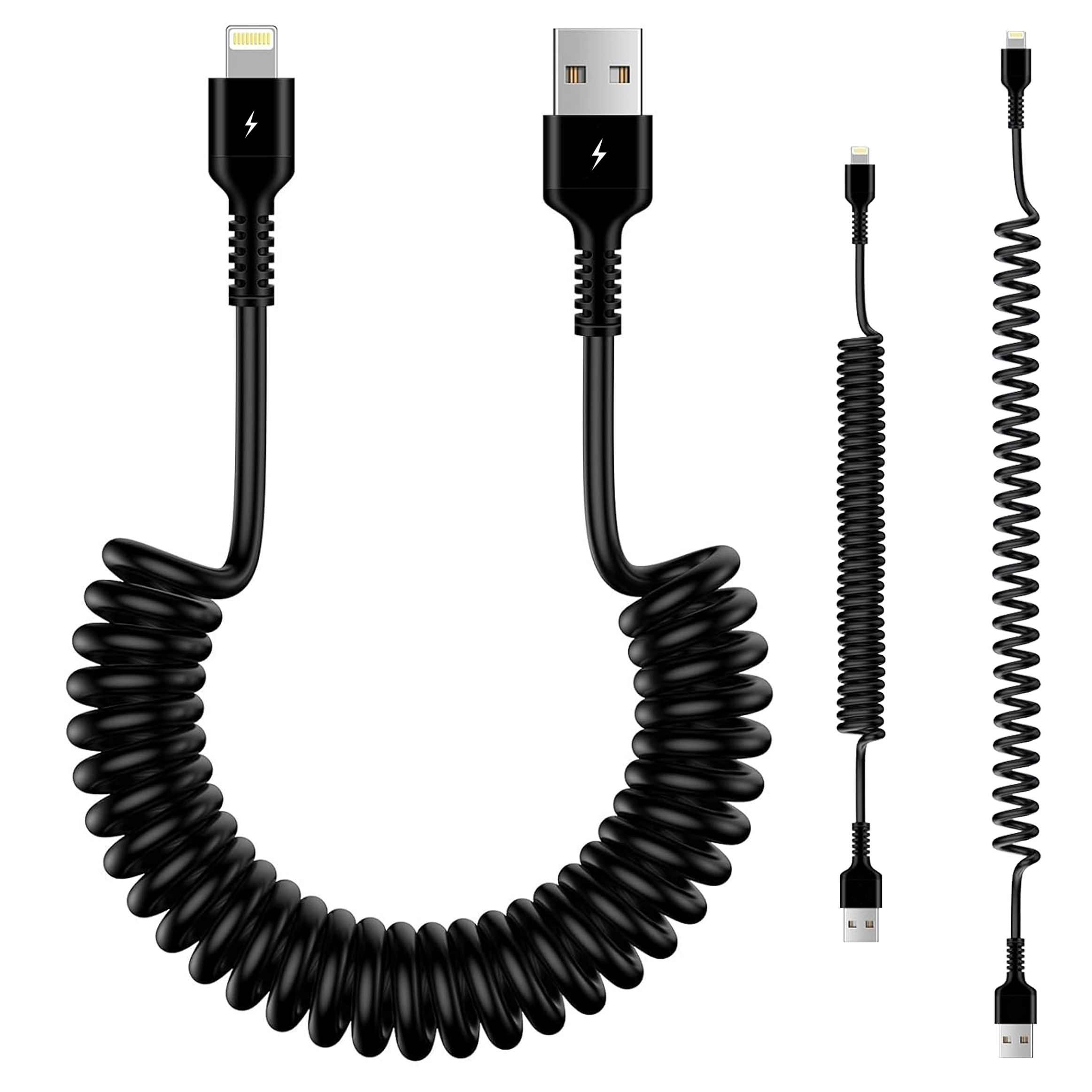Czarny, spiralny kabel z końcówkami USB A i Lightning, z symbolem błyskawicy na obu końcówkach. Kabel jest przedstawiony w formie zwiniętej i rozciągniętej.