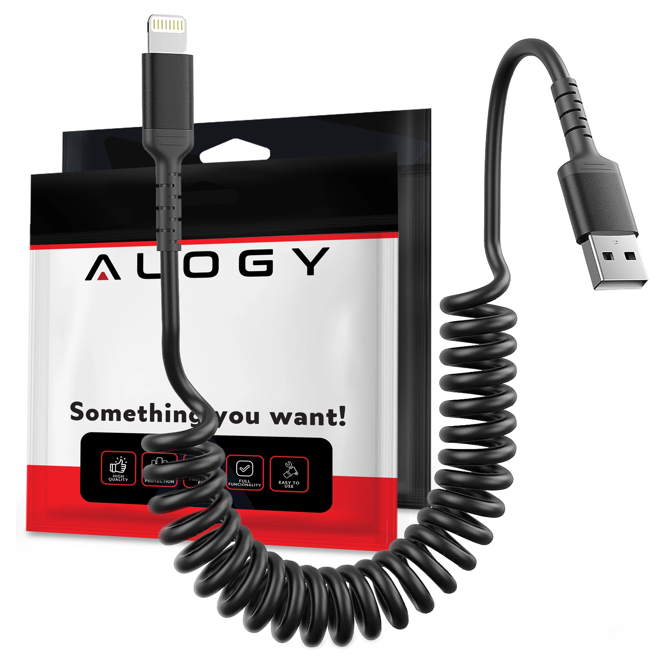 Czarny, spiralny kabel USB A-Lightning o długości 150 cm, obok opakowania z logo \'Alogy\' i napisem \'Something you want!\'.