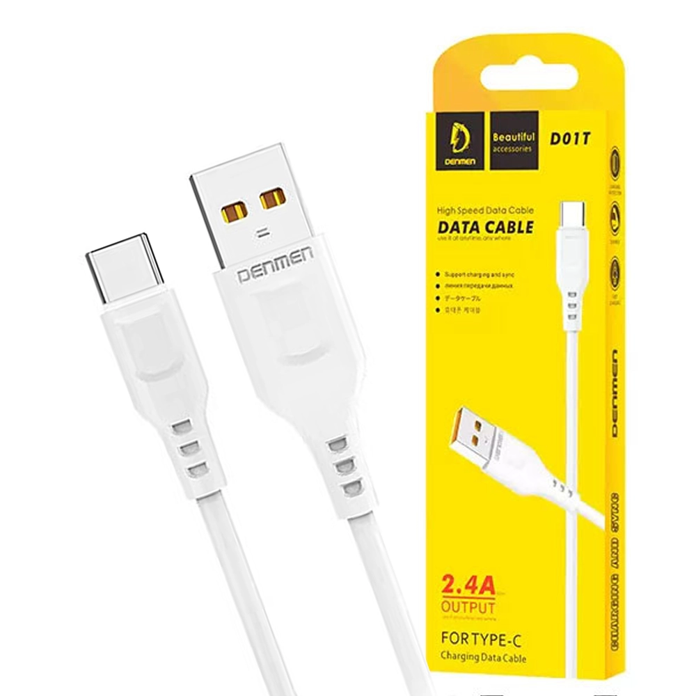Na obrazie widoczny jest biały kabel USB do USB-C z logo \'Denmen\' na wtyczce. Obok znajduje się żółte opakowanie z napisem \'High Speed Data Cable\', \'2.4A OUTPUT\', \'FOR TYPE-C\'.