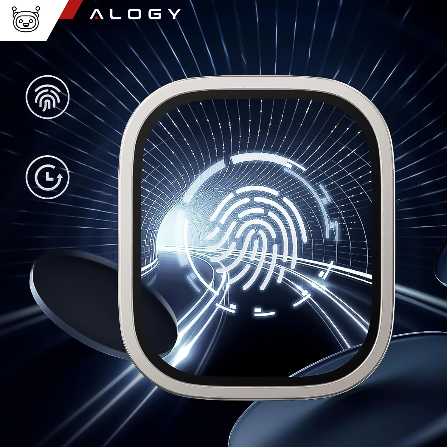 Obraz przedstawia szkło hartowane z ramką do Apple Watch Ultra, z widocznym logo Alogy w lewym górnym rogu. W tle znajduje się abstrakcyjna grafika z motywem odcisku palca i tunelu świetlnego.