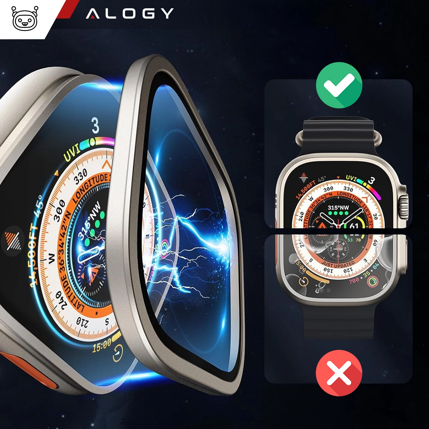 Obraz przedstawia szkło hartowane z ramką do zegarka Apple Watch Ultra, z efektem błyskawicy na ekranie. Po prawej stronie widoczny jest zegarek z nałożonym szkłem, z zielonym znakiem wyboru i czerwonym znakiem zakazu poniżej.