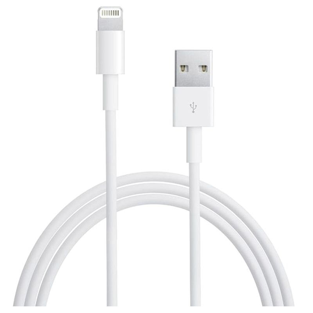 Biały kabel z końcówkami USB-A i Lightning, przeznaczony do ładowania urządzeń Apple. Kabel jest zwinięty, a na wtyczce USB widoczny jest symbol USB.