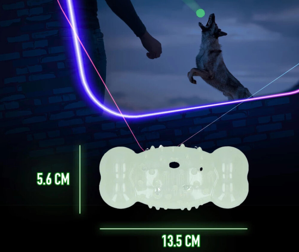 Zabawka 2 GLOW Cracking & Tracking Bone fluorescencyjna kość widoczna na wizualizacji w ciemności aportujący pies pochłania światło aportowanie niezależnie od pory kształcie kości z wypustkami na powierzchni