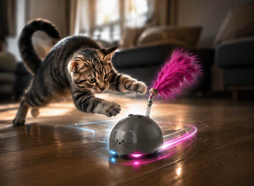 Zabawka ROBOCAT ROBO020 Mouse Szary zdjęcie wygenerowane przez AI przedstawia kota goniącego mysz na drewnianej podłodze w tle zestaw wypoczynkowy widoczne efekty świetlne 