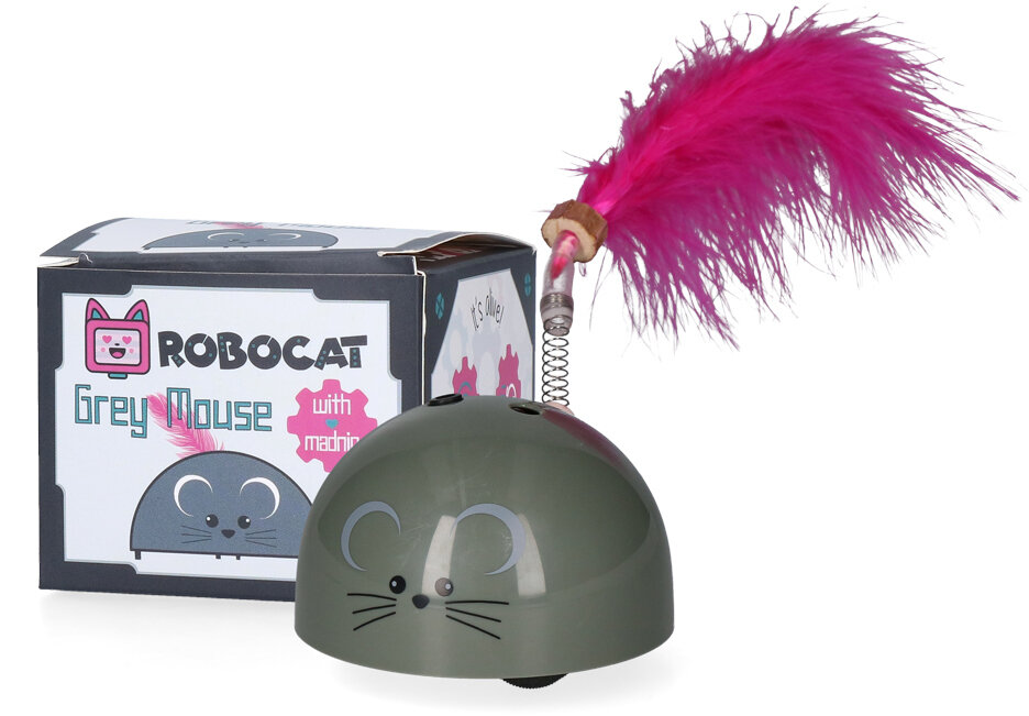 Zabawka ROBOCAT ROBO020 Mouse Szary na białym tle widoczna półkulista plastikowa mysz oraz opakowanie producenta