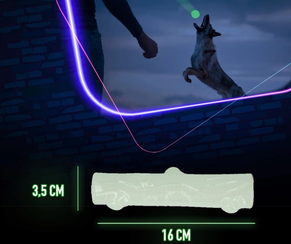 Zabawka 2 GLOW Cracking & Tracking Stick fluorescencyjna Zabawka widoczna na wizualizacji w ciemności aportujący pies pochłania światło aportowanie niezależnie od pory kształcie pałi patyka