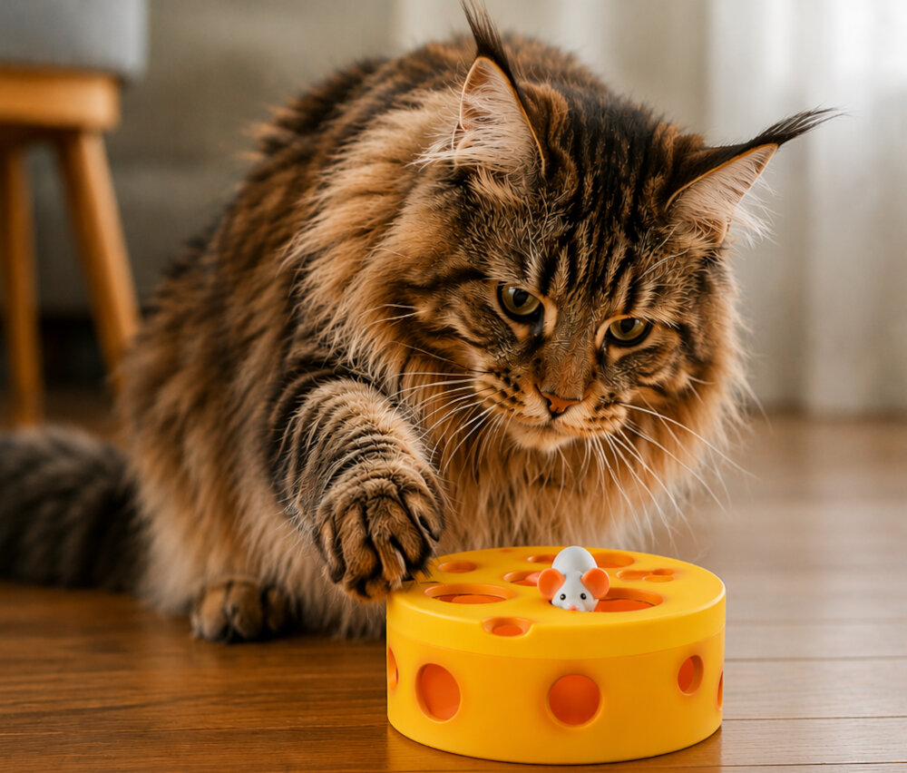 Zabawka VISIONSMART VISI0030 Cheesy Mouse Hunt Żółto-szary zdjęcie wygenerowane przez Ai widoczny pokój w którym kot poluje na mysz uwięzioną w dziurawym serze  