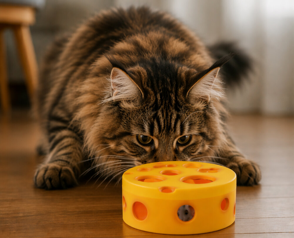 Zabawka VISIONSMART VISI0030 Cheesy Mouse Hunt Żółto-szary zdjęcie wygenerowane przez Ai widoczny pokój w którym kot poluje na mysz uwięzioną w dziurawym serze interaktywna zabawka instynkt łowiecki długotrwała rozrywka